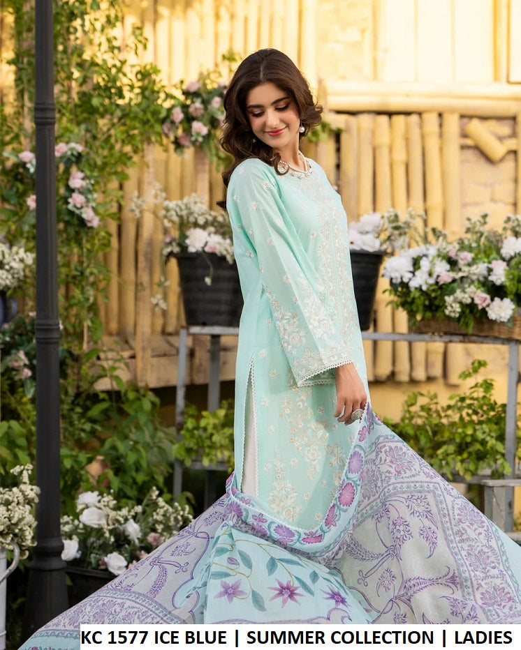 KC Sunehri 1577 Ice Blue - Ice Blue Cotton Embroidered 3-Piece Women's Pakistani Suit
