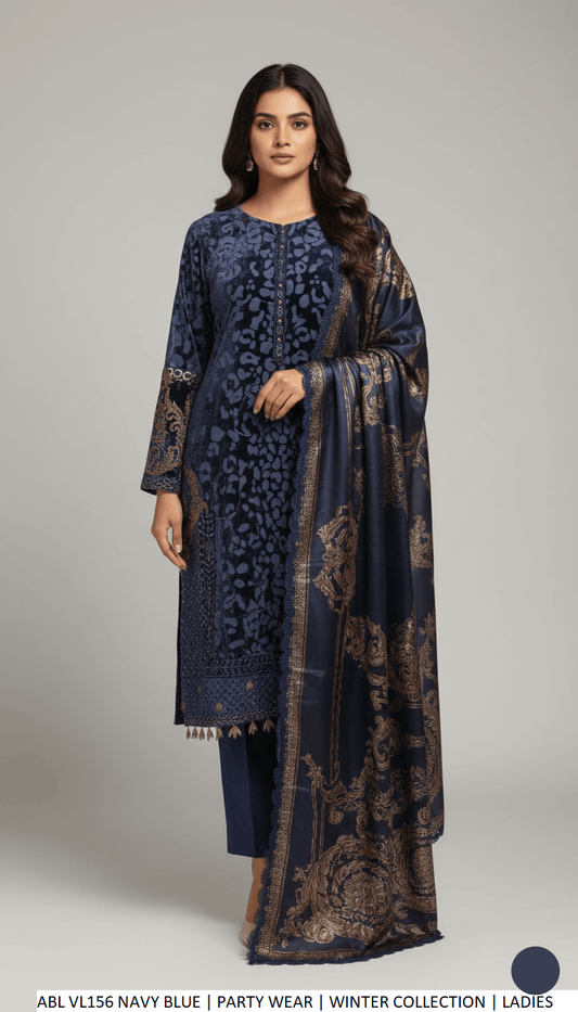 Velvet straight shirt navy blue - Pakistani women's formal winter wear with grip trouser and digital silk dupatta front view