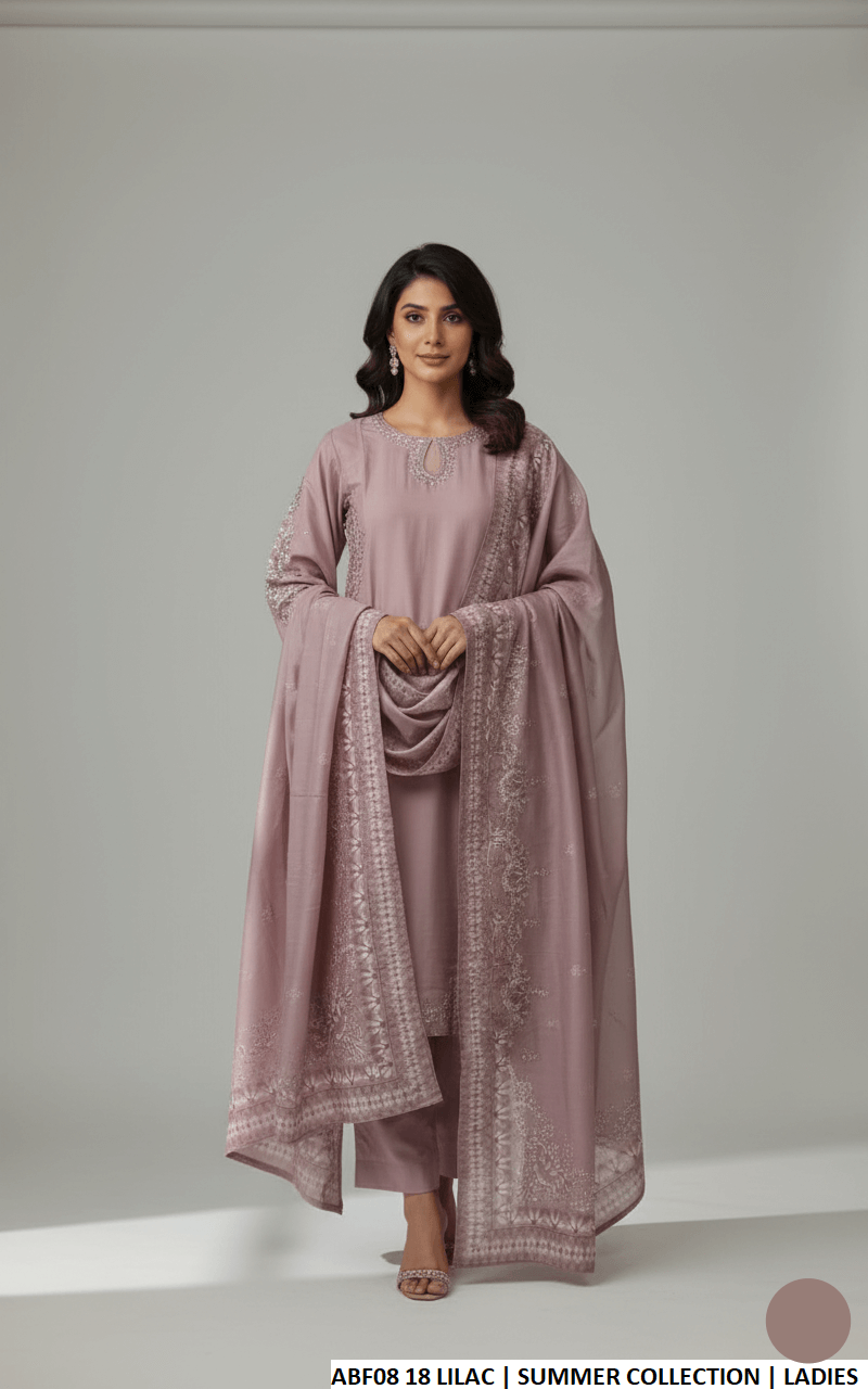 Cotton straight shirt lilac - Pakistani women's casual everyday outfit with digital print dupatta front view
