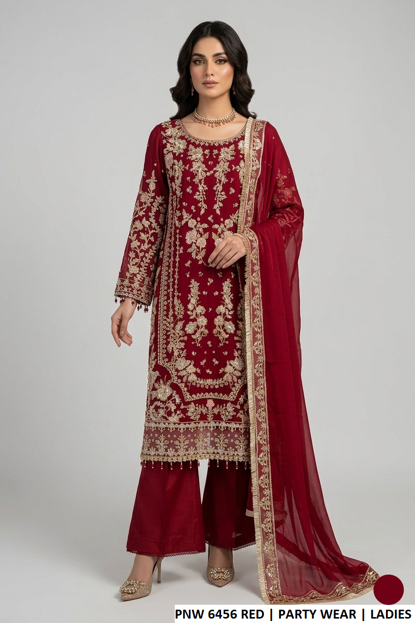 Chiffon straight shirt red - Pakistani women's elegant outfit with viscose trouser and chiffon dupatta front view