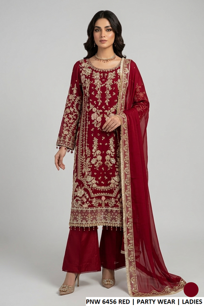 Chiffon straight shirt red - Pakistani women's elegant outfit with viscose trouser and chiffon dupatta front view