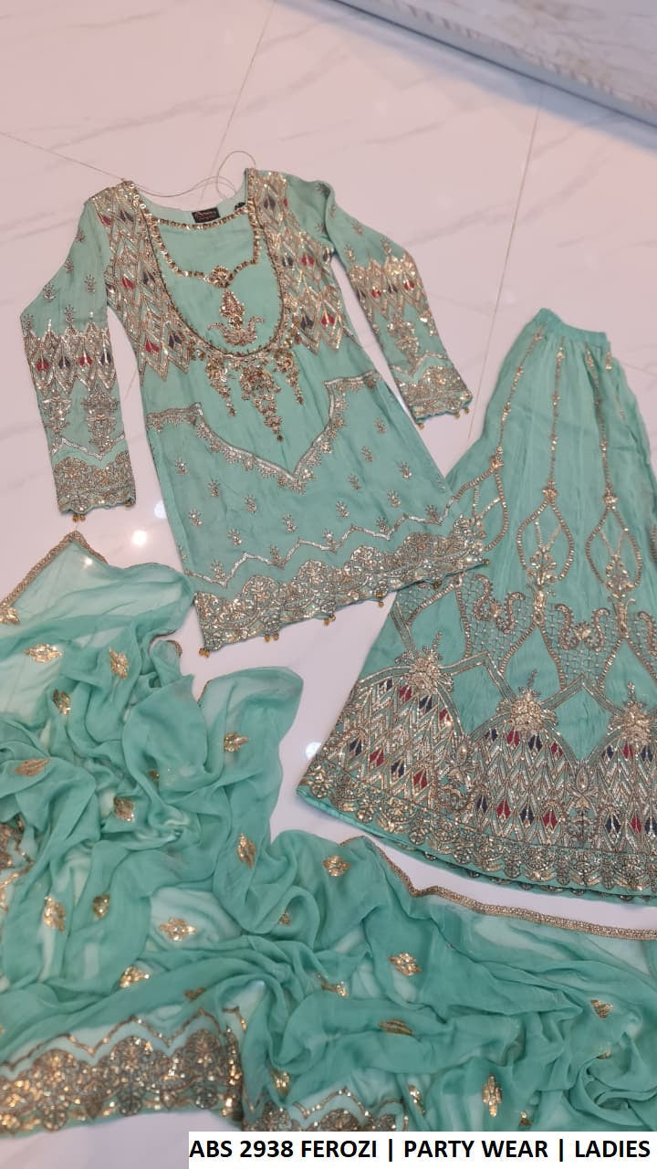 Ferozi chiffon Pakistani women's straight shirt with plazo back view