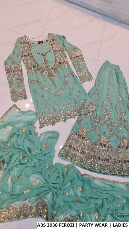 Ferozi chiffon Pakistani women's straight shirt with plazo back view
