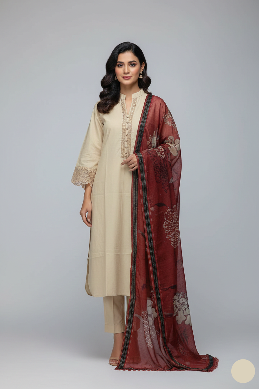 Lawn A-Line shirt skin - Pakistani women's casual summer outfit with cotton trouser and lawn dupatta front view