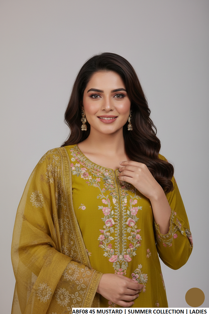 Mustard yellow cotton Pakistani women's straight shirt with farshi shalwar side view