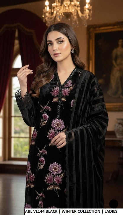 Black velvet Pakistani women's A-Line shirt side view