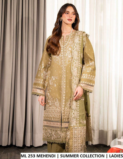 ML 253 MEHENDI - Mehendi Cotton Straight 3-Piece Women's Pakistani Suit