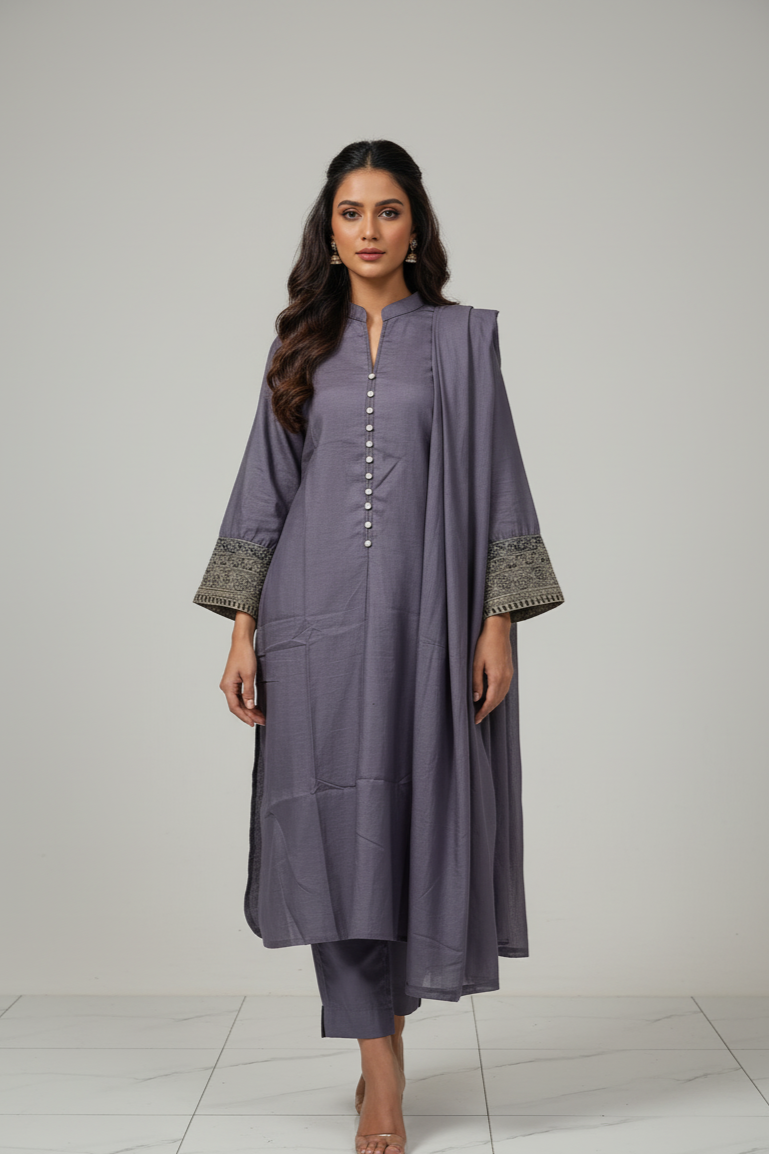 Lawn A-Line shirt dark lilac - Pakistani women's casual summer outfit with cotton trouser and lawn dupatta front view