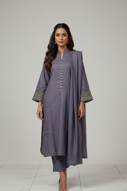 Lawn A-Line shirt dark lilac - Pakistani women's casual summer outfit with cotton trouser and lawn dupatta front view