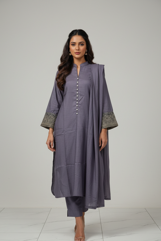 Lawn A-Line shirt dark lilac - Pakistani women's casual summer outfit with cotton trouser and lawn dupatta front view