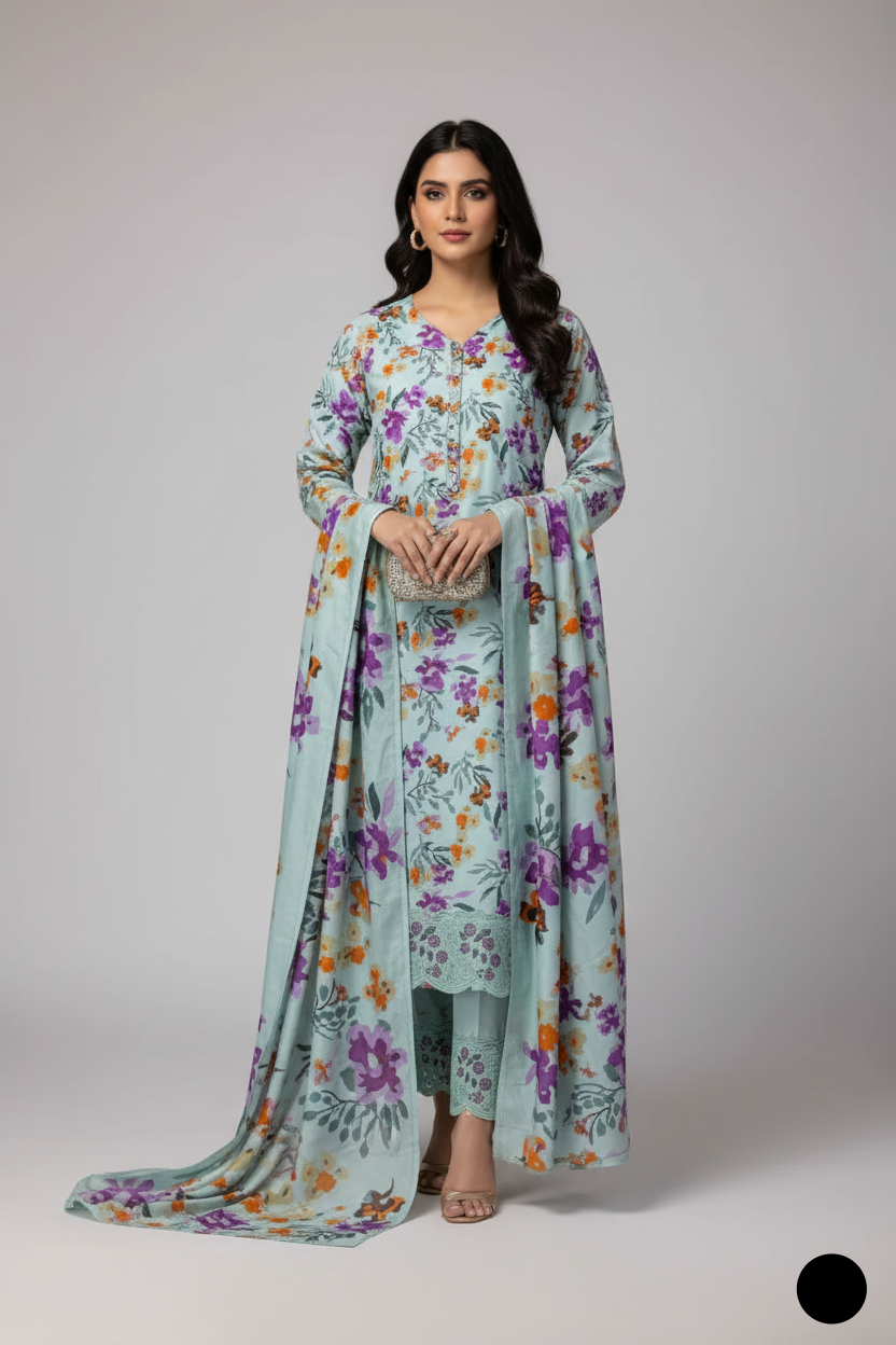 Lawn A-Line printed shirt - Pakistani women's casual summer outfit with cotton trouser and lawn dupatta front view