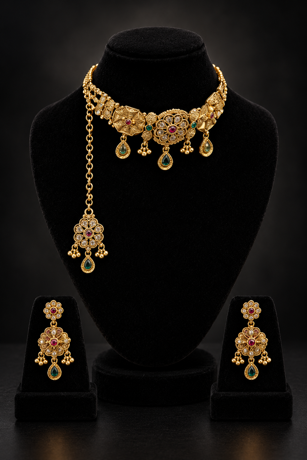 JW238 – Gold-Tone Floral Green and Red Stone Necklace Set