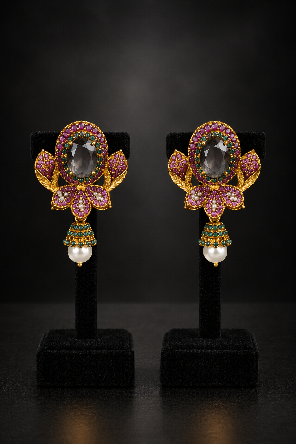 JW97 – Purple and Teal Floral Gold-Tone Earrings