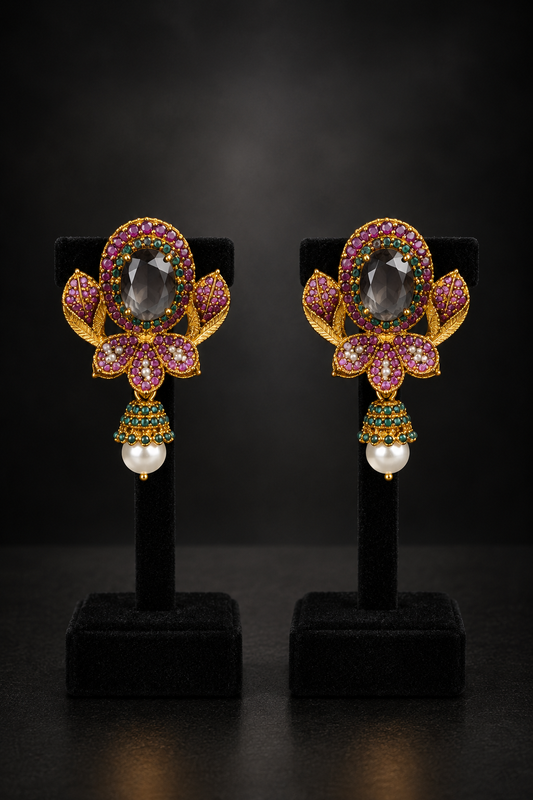 JW97 – Purple and Teal Floral Gold-Tone Earrings