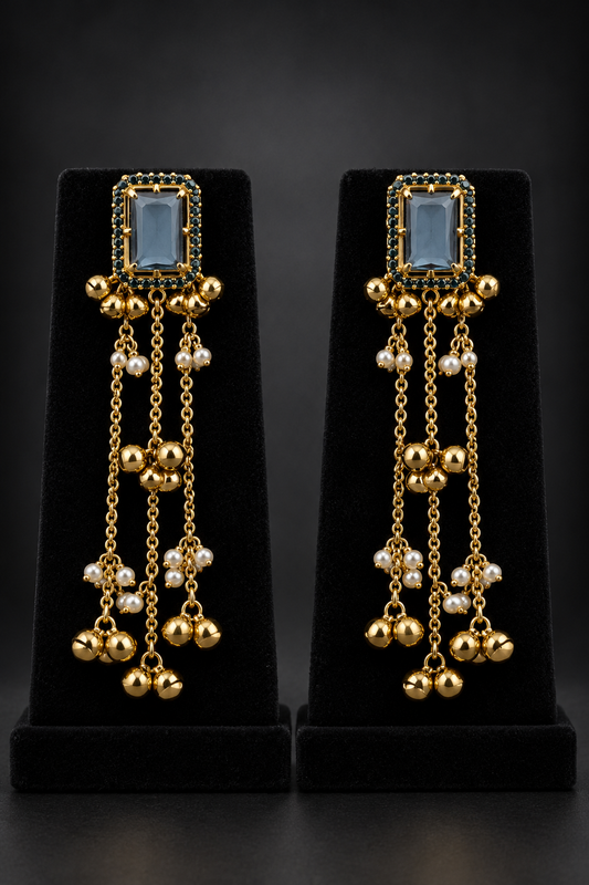 JW85 – Blue Stone Gold-Tone Chandelier Earrings