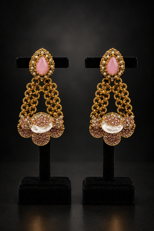 JW178 – Pink Stone Gold-Tone Floral Chandelier Earrings
