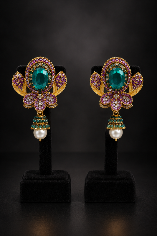 JW97 – Teal and Purple Floral Gold-Tone Earrings