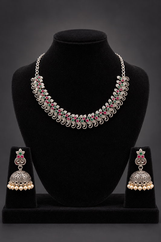 JW99 – Antique Silver-Tone Necklace & Jhumka Set
