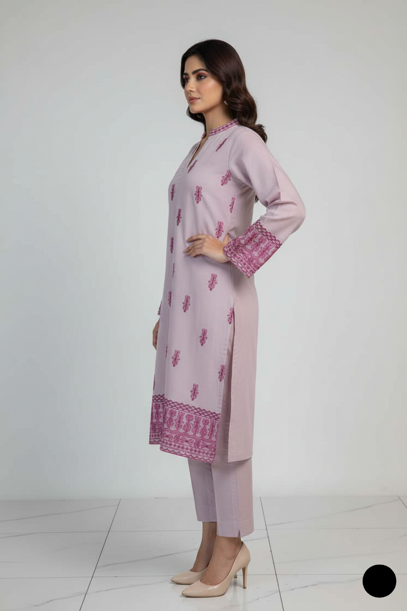 Pakistani women's lilac silk short shirt farshi shalwar detail view