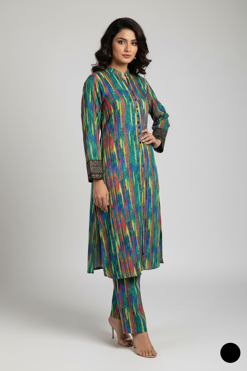 Lawn A-Line printed shirt - Pakistani women's casual summer outfit with cotton trouser and lawn dupatta front view