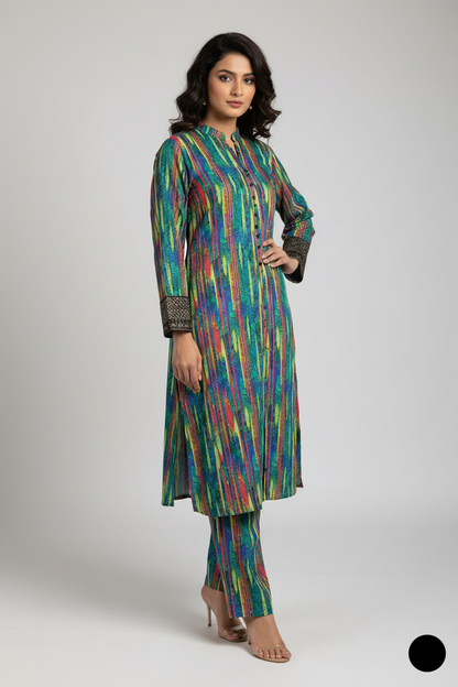 Lawn A-Line printed shirt - Pakistani women's casual summer outfit with cotton trouser and lawn dupatta front view