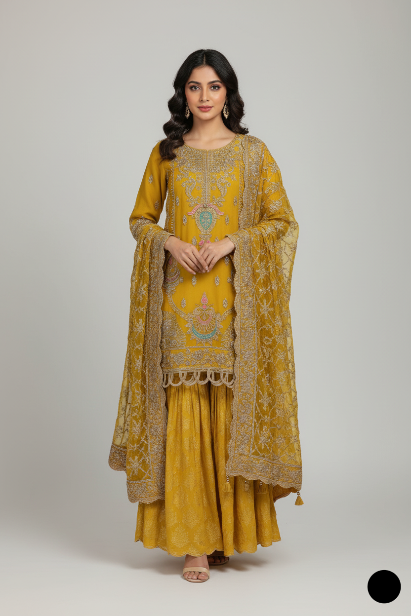 Chiffon straight shirt plazo yellow - Pakistani women's party wear with viscose plazo and chiffon dupatta front view
