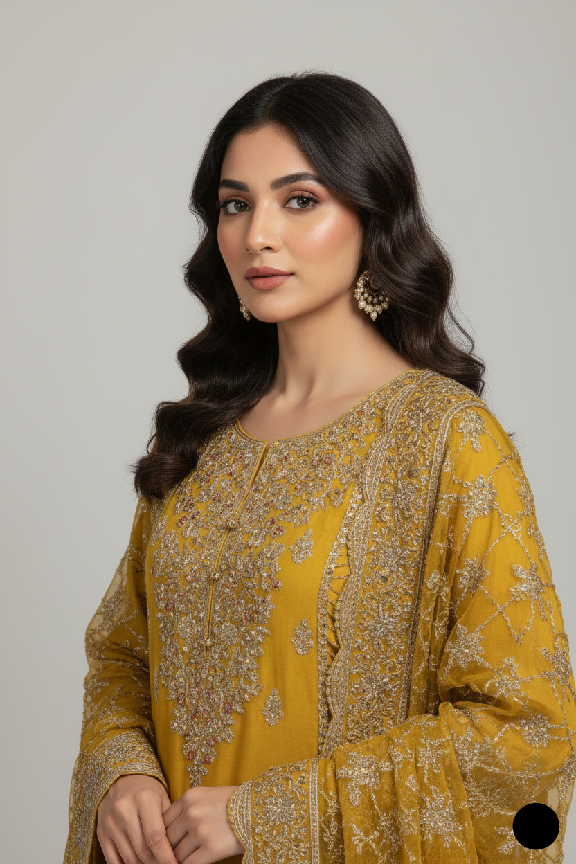 Yellow chiffon Pakistani women's straight shirt with plazo side view