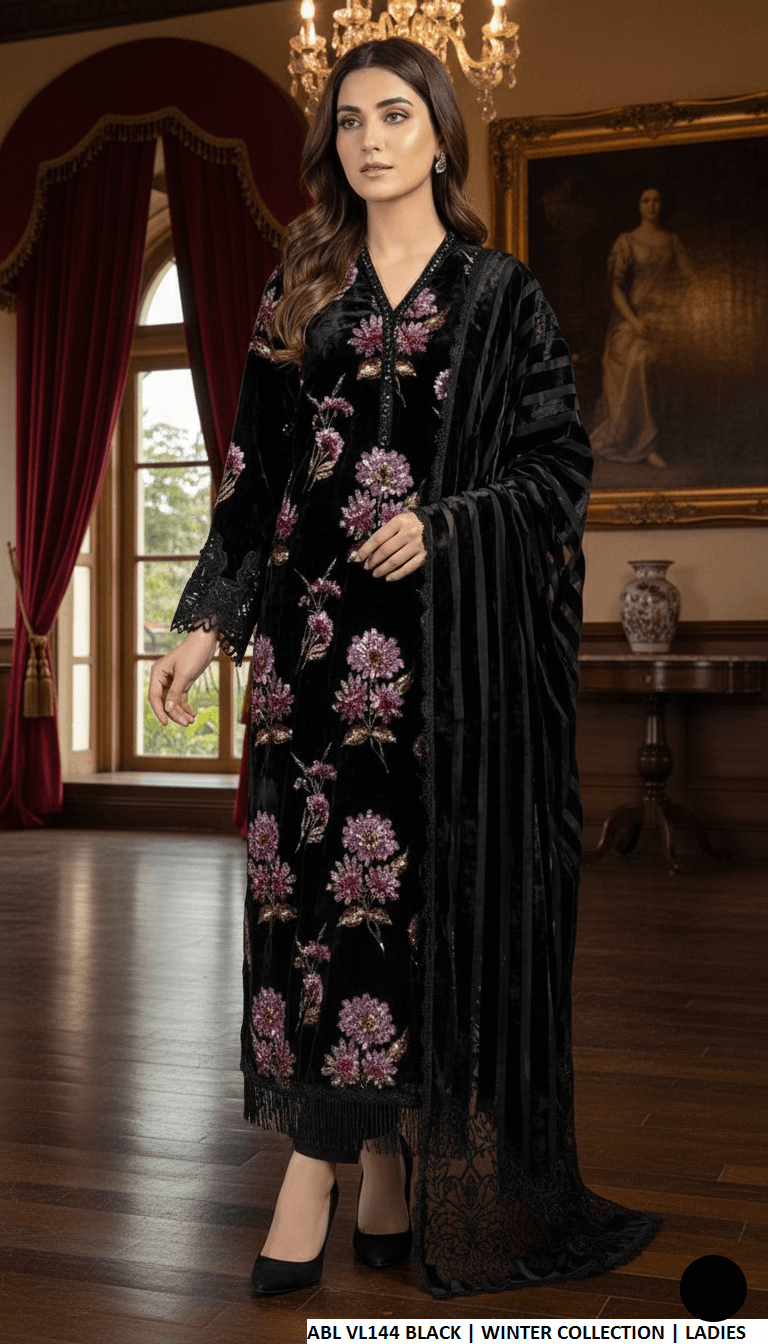 Pakistani women's black velvet A-Line shirt back view