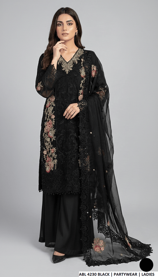 Chiffon straight shirt black - Pakistani women's casual party wear with viscose trouser and chiffon dupatta front view
