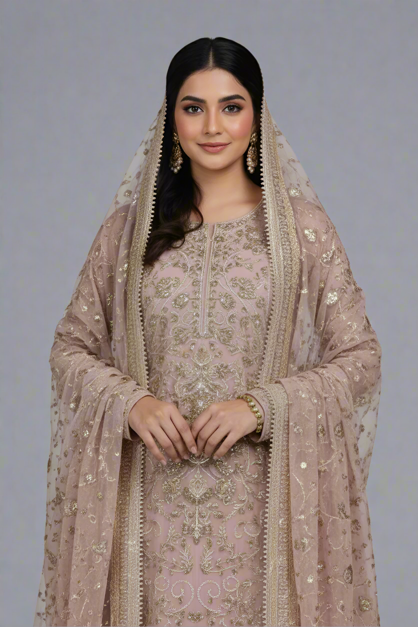 Tea pink organza Pakistani women's straight shirt side view