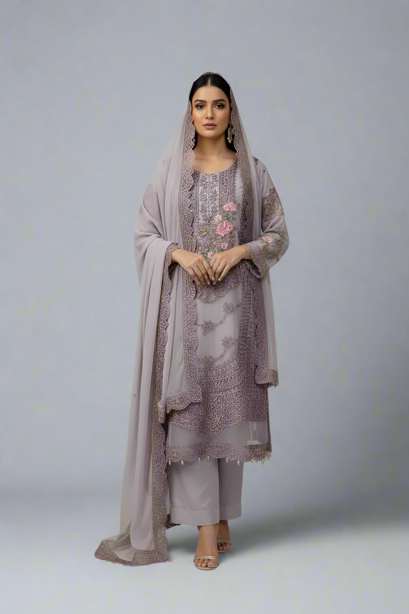 Chiffon straight shirt plazo lilac - Pakistani women's party wear with viscose plazo and chiffon dupatta front view