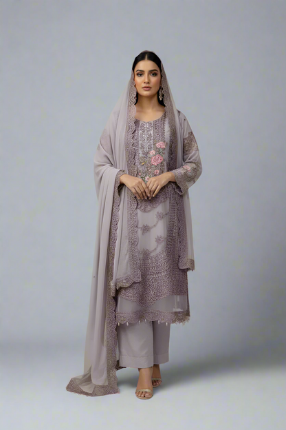 Chiffon straight shirt plazo lilac - Pakistani women's party wear with viscose plazo and chiffon dupatta front view