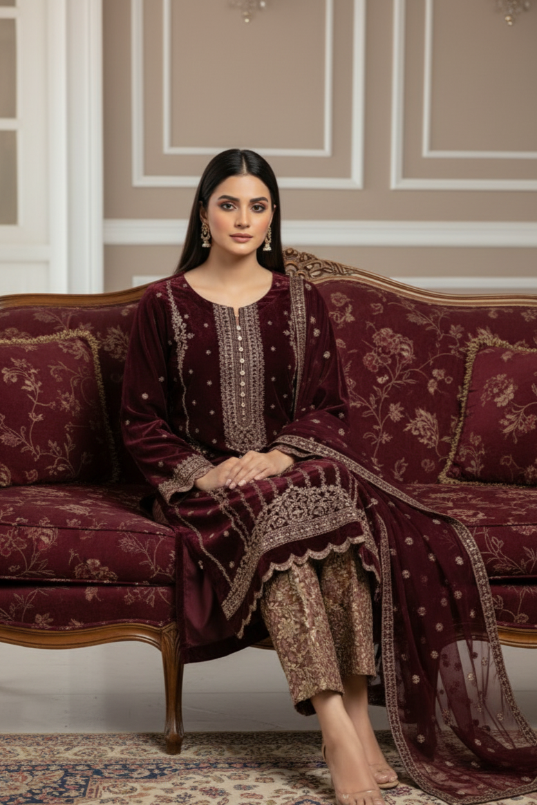 SG1470 8 Velvet Pakistani women's straight shirt with net dupatta side view