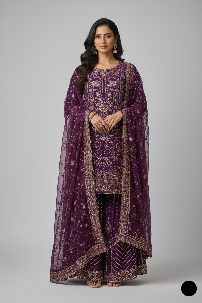 Organza straight shirt purple - Pakistani women's elegant formal wear with viscose trouser and organza dupatta front view