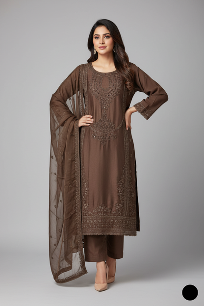 Silk straight shirt chocolate brown - Pakistani women's formal party wear with silk trouser and chiffon dupatta front view
