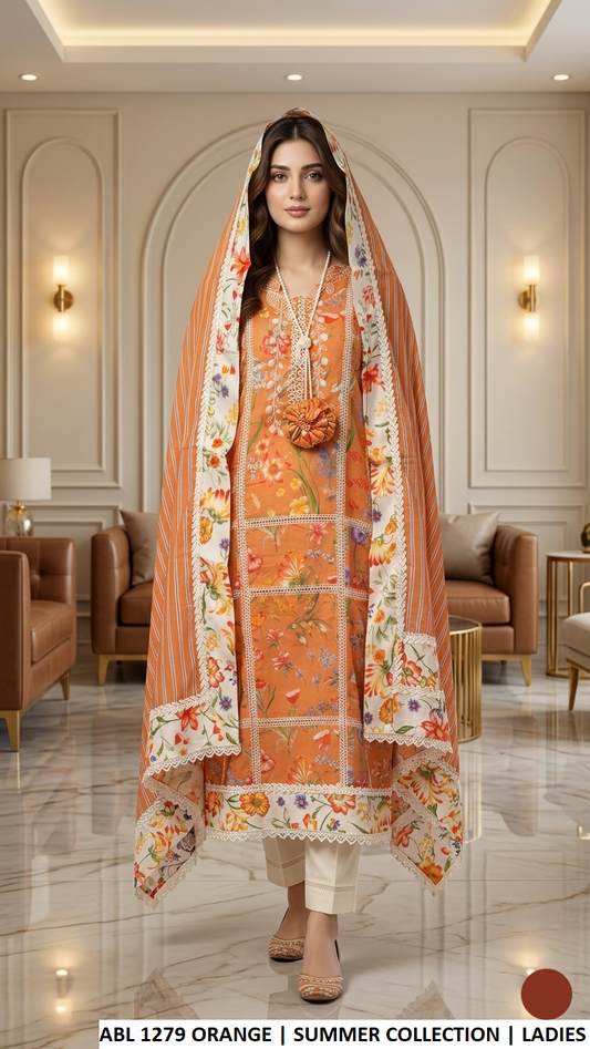 ABL 1279 ORANGE - Orange Poly Lawn Straight 3-Piece Women's Pakistani Suit