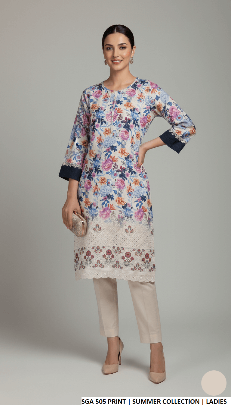 Pakistani women's lawn straight printed casual outfit detail view