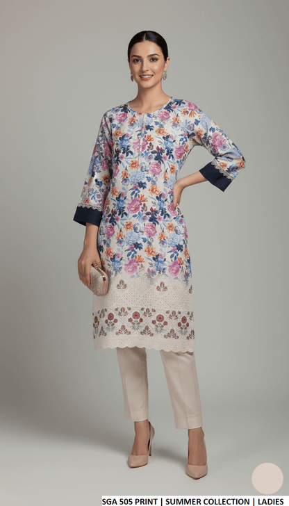 Pakistani women's lawn straight printed casual outfit detail view