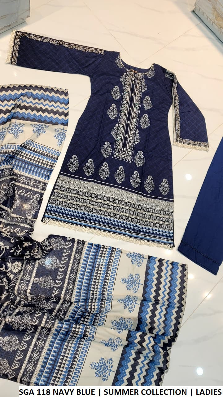 SGA 118 NAVY BLUE - Navy Blue Lawn A-Line 3-Piece Women's Pakistani Suit