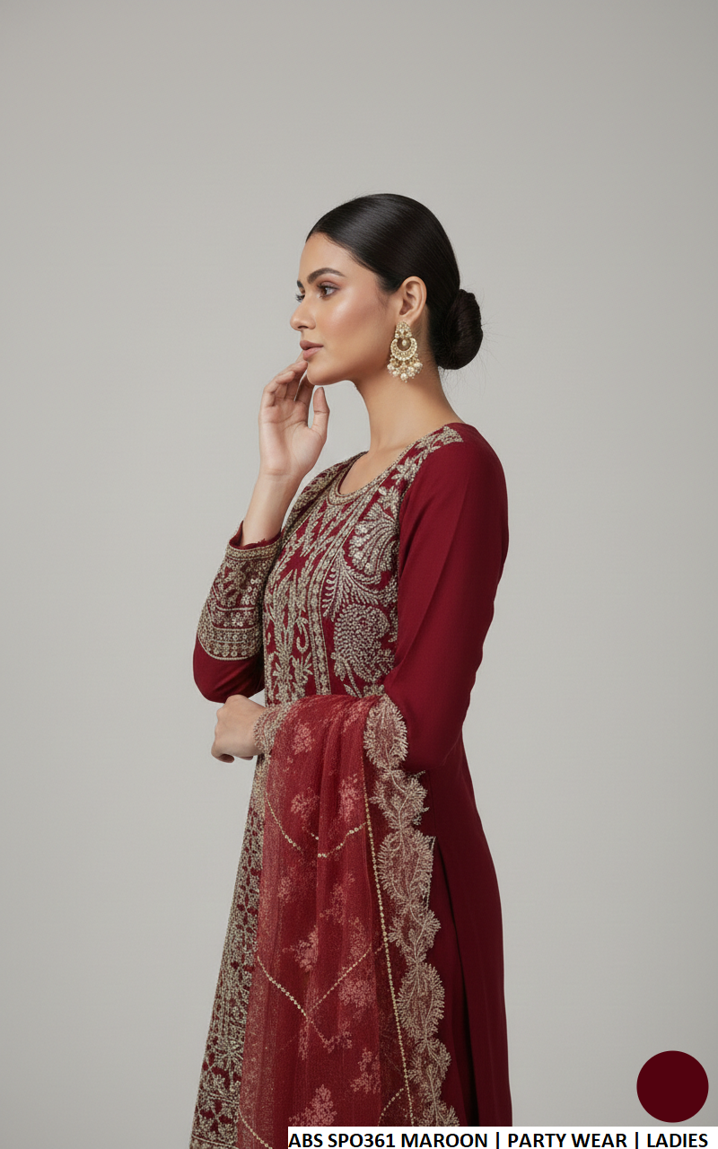 Pakistani women's maroon chiffon straight shirt crush plazo detail view