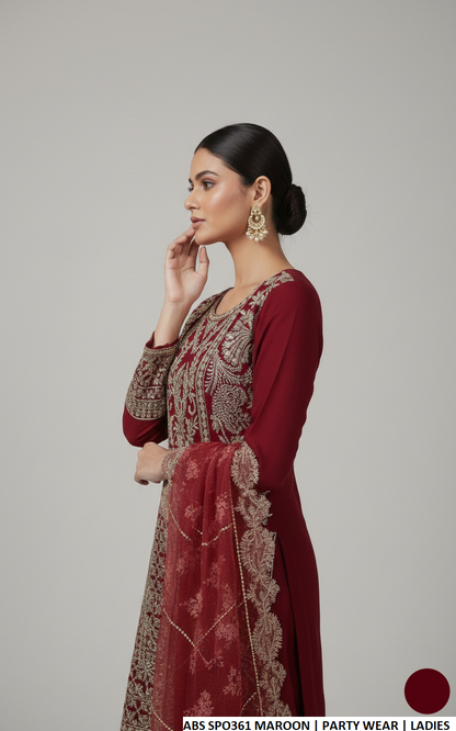 Pakistani women's maroon chiffon straight shirt crush plazo detail view