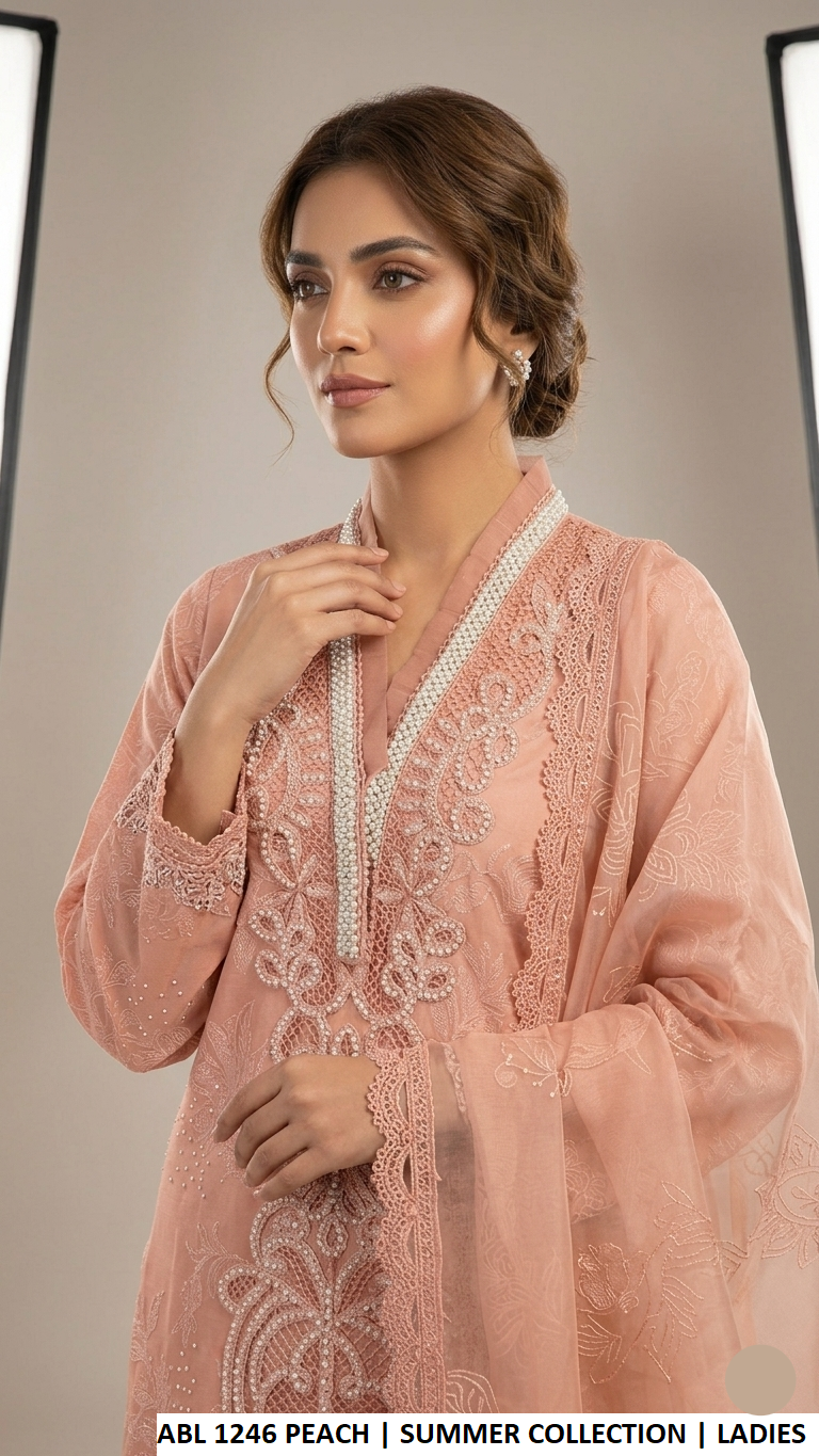 Peach organza Pakistani women's straight shirt with plazo side view