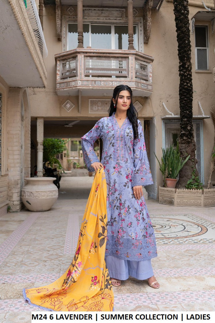 M24 6 PRINT - Elegant Lawn Long Frock with Trouser 3-Piece Women's Suit