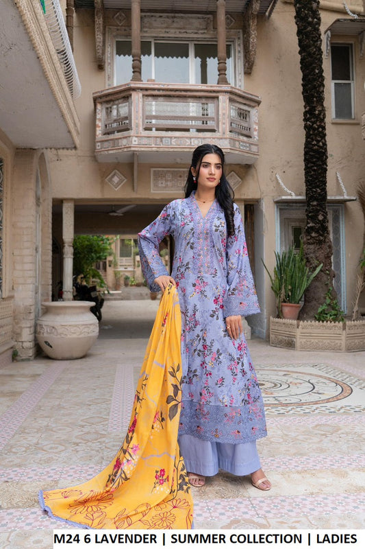 M24 6 PRINT - Elegant Lawn Long Frock with Trouser 3-Piece Women's Suit