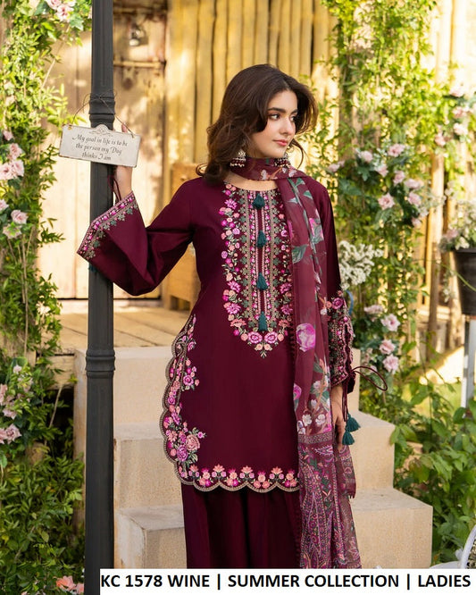 KC Sunehri 1578 Burgundy Wine - Burgundy Chiffon Embroidered 3-Piece Women's Pakistani Suit