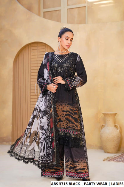 Chiffon straight shirt plazo black - Pakistani women's casual semi-formal outfit with grip plazo and chiffon dupatta front view