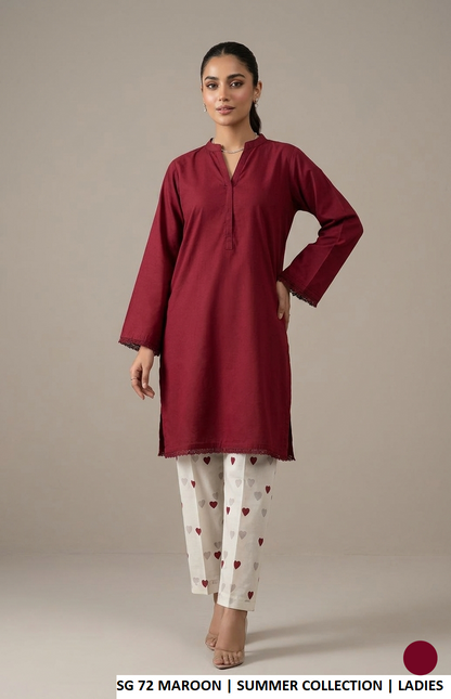 Cotton short straight shirt plazo maroon - Pakistani women's trendy casual outfit front view