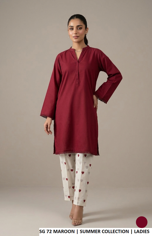 Cotton short straight shirt plazo maroon - Pakistani women's trendy casual outfit front view