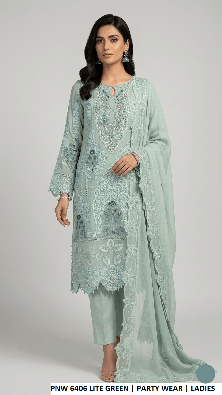 Chiffon straight shirt plazo PNW 6406 LITE GREEN - Pakistani women's party wear with grip plazo and chiffon dupatta front view