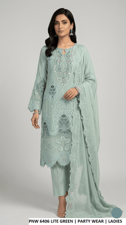 Chiffon straight shirt plazo PNW 6406 LITE GREEN - Pakistani women's party wear with grip plazo and chiffon dupatta front view